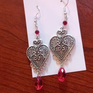 5/20 Silver and Red Heart Filigree Earrings